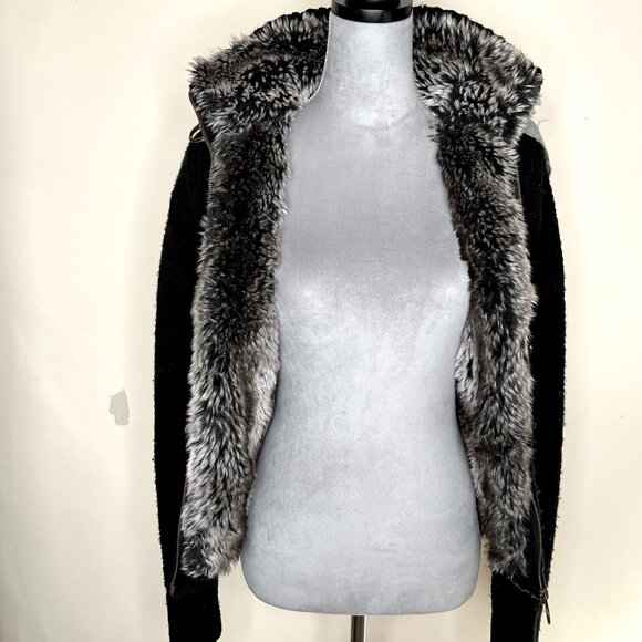 Miss Sixty Faux Fur Lined Sweater Jacket Size Medium Black Gray Wool Thermal S - Picture 9 of 11